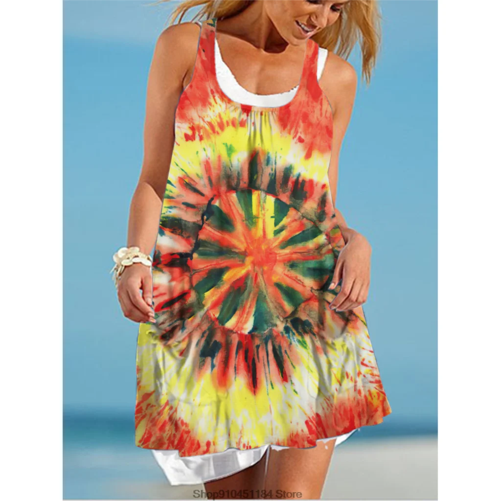 3D Colorful Digital Printing Women Sleeveless Dress Fake Two Piece Summer Bohemian Tank Dresses Casual Female Loose Beach Dress