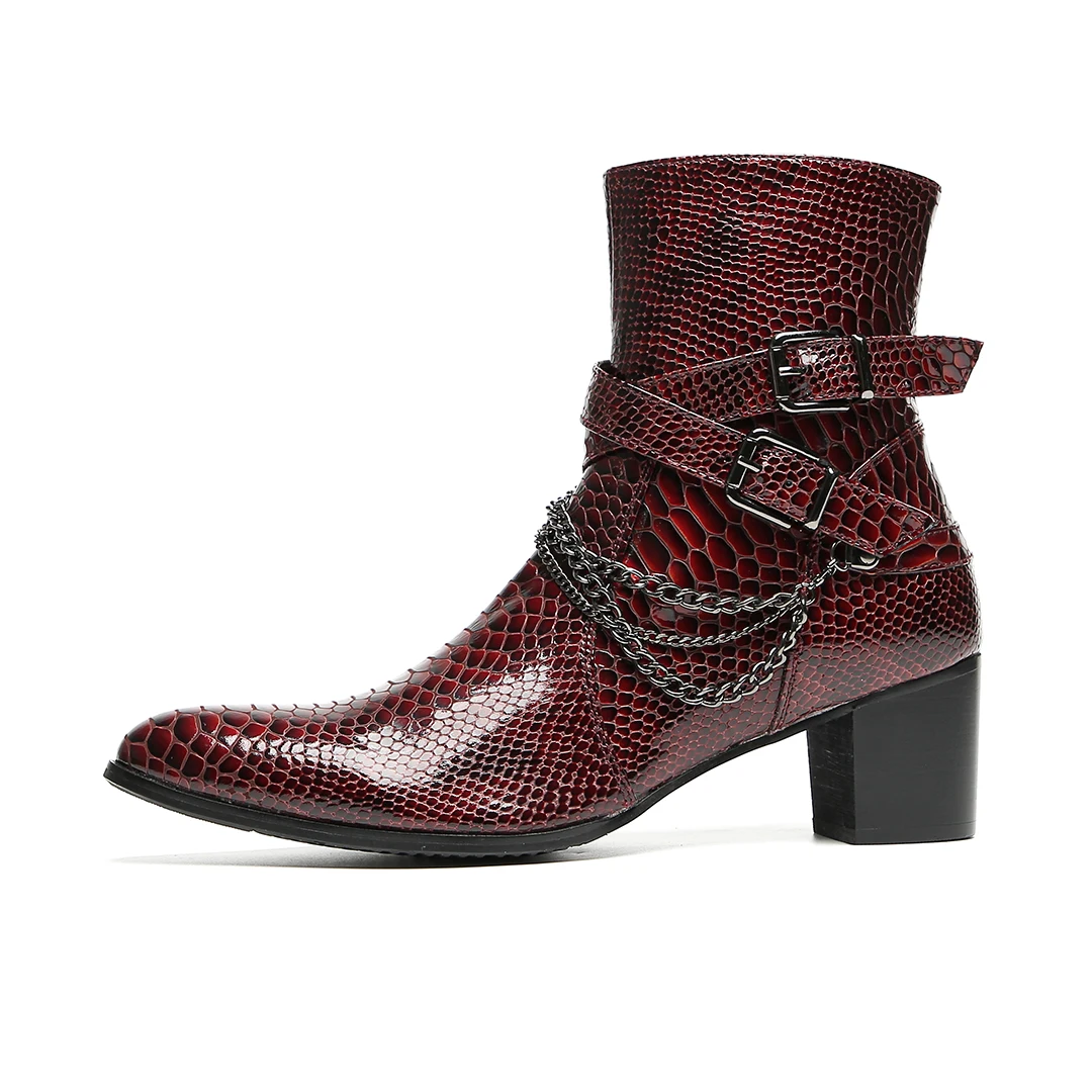 Herren-Stiefeletten aus burgunderrotem Schlangenleder: Kette, Schnallen, Reißverschluss, Blockabsatz | Partys, Bühne, Straße | Rock-Punk-Stil – Detail 8