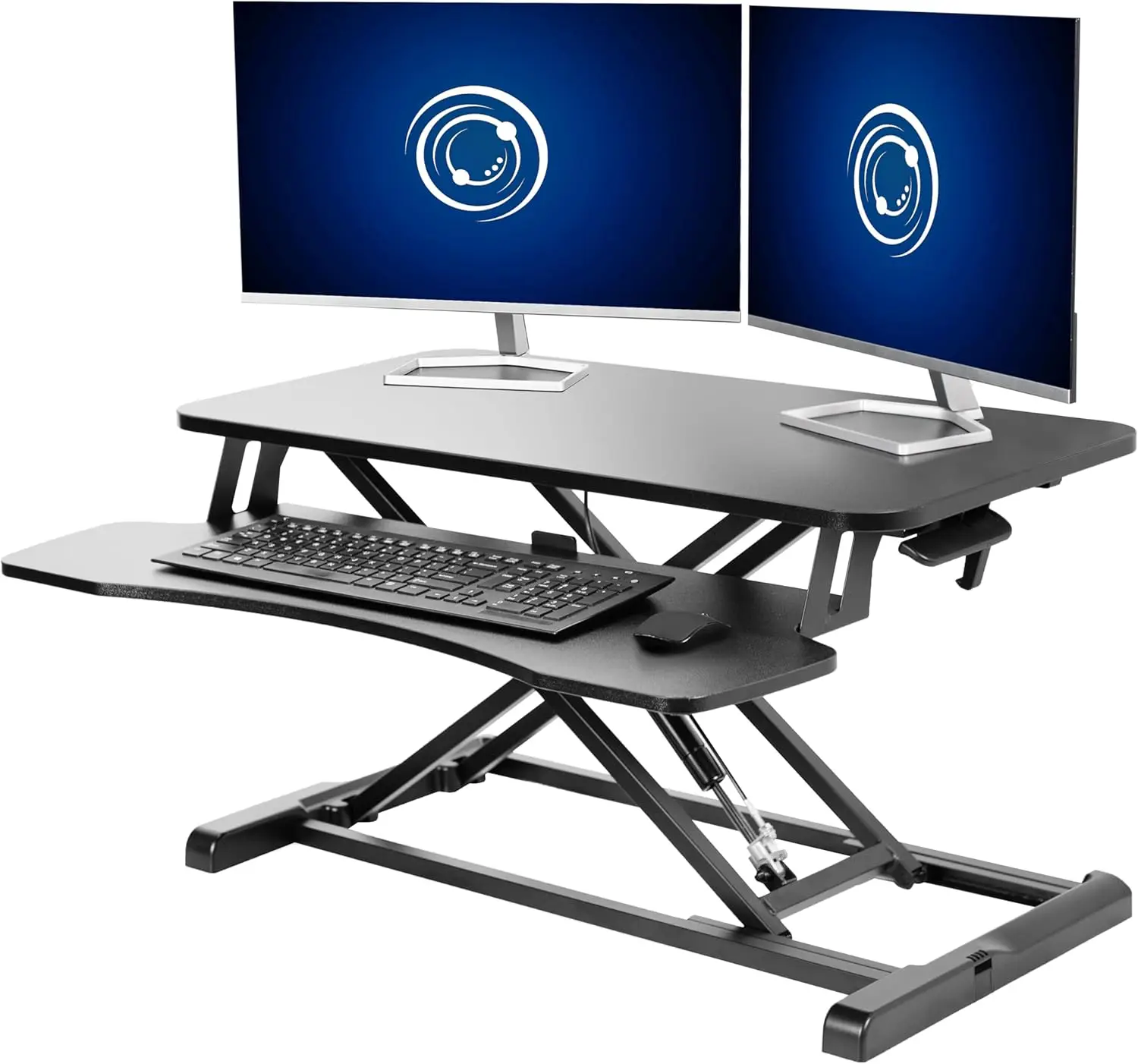 

32 inch desktop converter, height adjustable sit up riser, dual monitor and laptop workstation, bandwidth keyboard tray, black