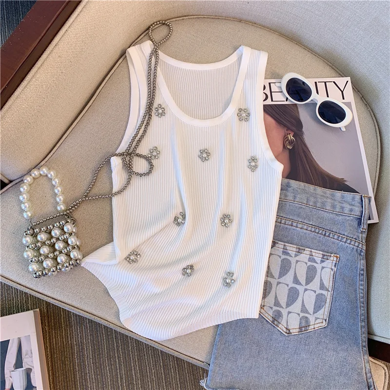 Pearl Diamonds Beaded Sweater Vest Crop Tops Women Korean Sexy Elegant Stylish Knitwear 2024 Summer Sleeveless O-neck Jumpers