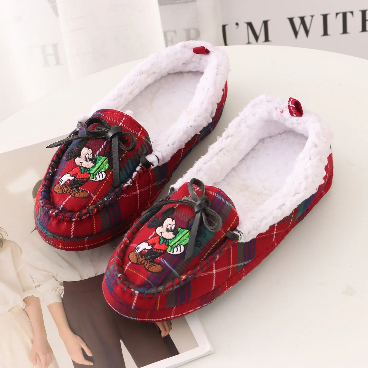 Disney Autumn Winter Cotton Slipper Girls Cartoon Mickey Mouse Print Adult Indoor Home Warm Anti-slip Women Causal Flat Shoes