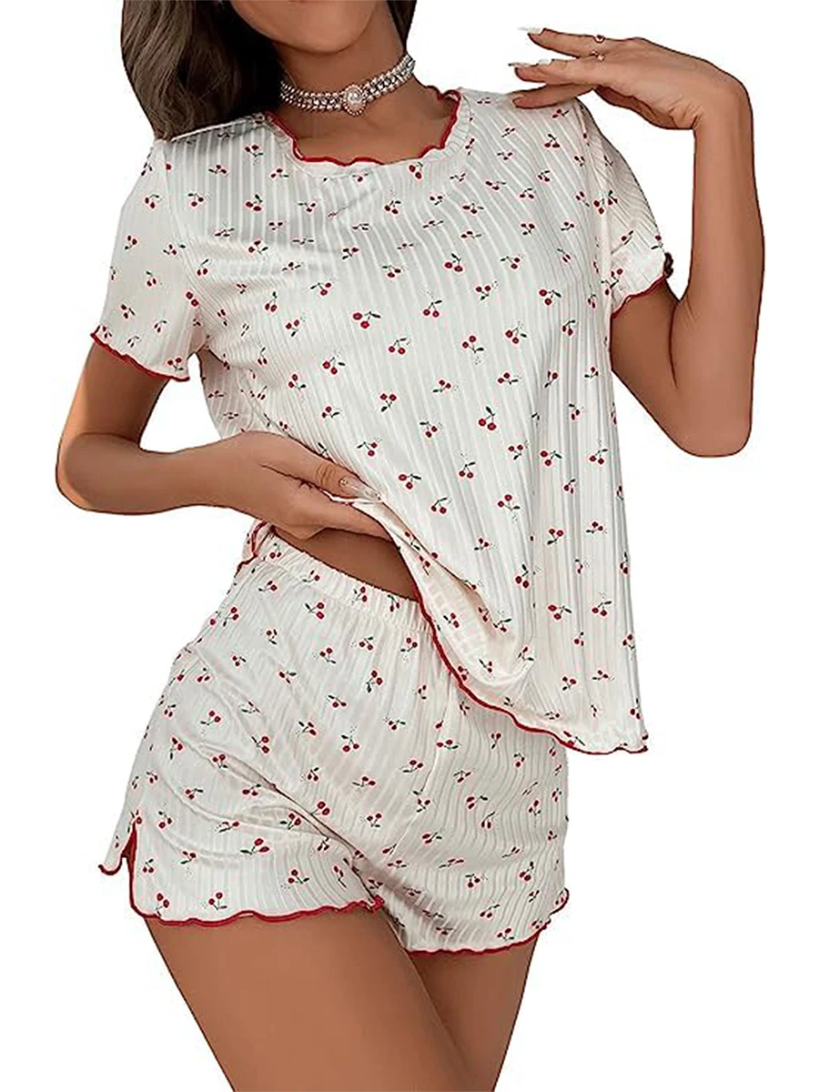 Women Soft 2 Piece Pajama Set Cherry Print Cute Frill Short Sleeve Tops Elastic Waist Short Outfits Homewear Loungewear