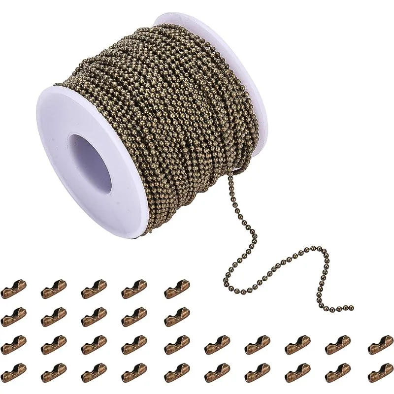 40m 1roll Iron Ball Bead Chains Soldered with 20 Pieces Iron Ball Chain Matching Connectors DIY Jewelry Antique Bronze 2x2mm