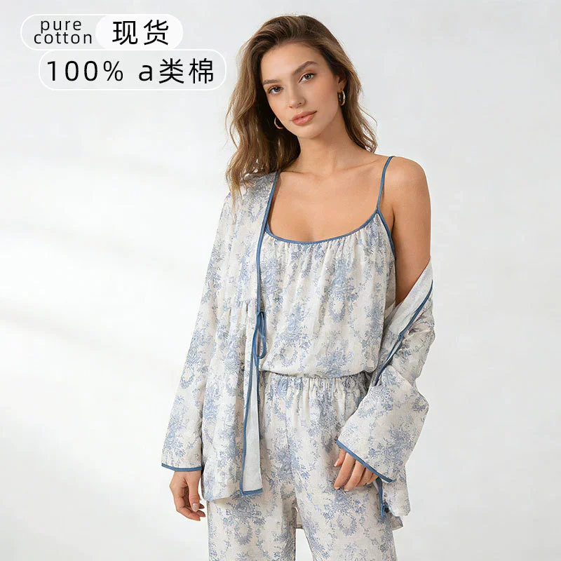 Cotton Double-layer Crepe National Style Cardigan Tops and Long Wide Leg Pants with Pockets 3 Pcs Pajama Homewear Women Suit
