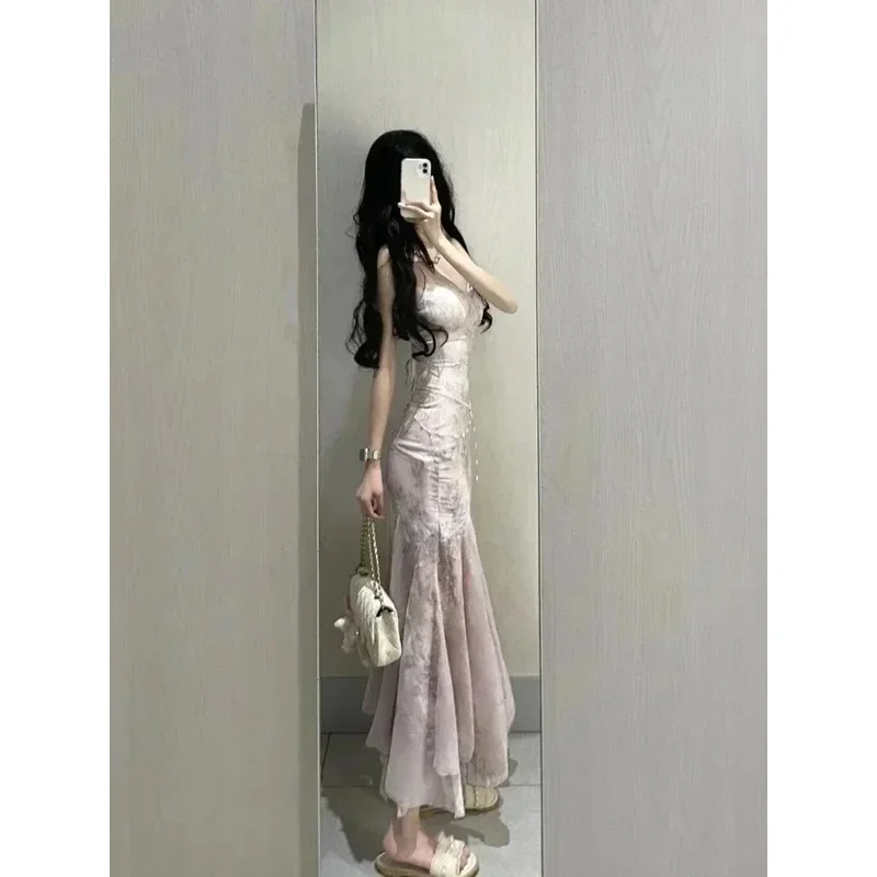 فرنسا عارية الذراعين مثير أنيق ميدي المرأة الخامس الرقبة شيك Y2k تصميم فستان الحفلات المسائية الإناث الدانتيل متابعة موضة الملابس CHJ58952 yi;4