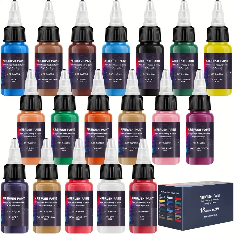 

Airbrush Paint 18 Colors Ready to Spray Airbrush Paint Set WaterBased Acrylic Air Brush Paints for Metal Plastic Models Canvas