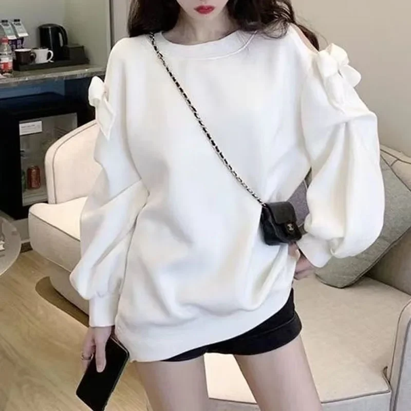 New Spring and Autumn Fashion Trend Butterfly Knot Off Shoulder Thin Round Neck Loose Versatile Western Spicy Girl Long Sweater