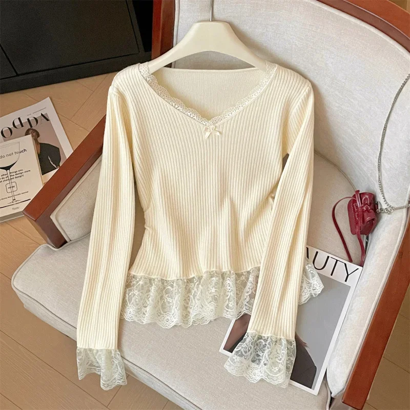 Knit Bow Lace Top Shirt Women Autumn Winter Y2K Gray Sweet Short Style Inner Layer Commute Plong Sleeved Top V-neck Coats New