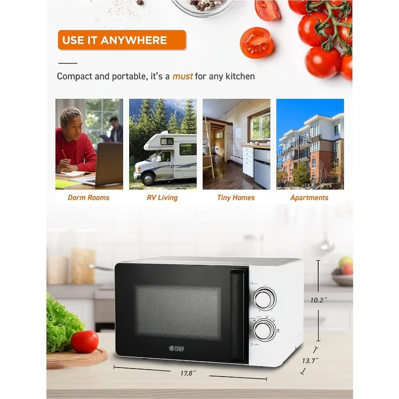 White Microwave Oven 0.7 Cubic Feet with Rotary Switch Knob, Small Microwave Oven Turntable with Handle