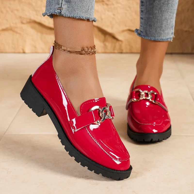 Spring Round Toe Loafers Women's British Style High Heels Shoes 2025 Slip on Chunky Heels Woman Fashion Metal Decor Shoes Women