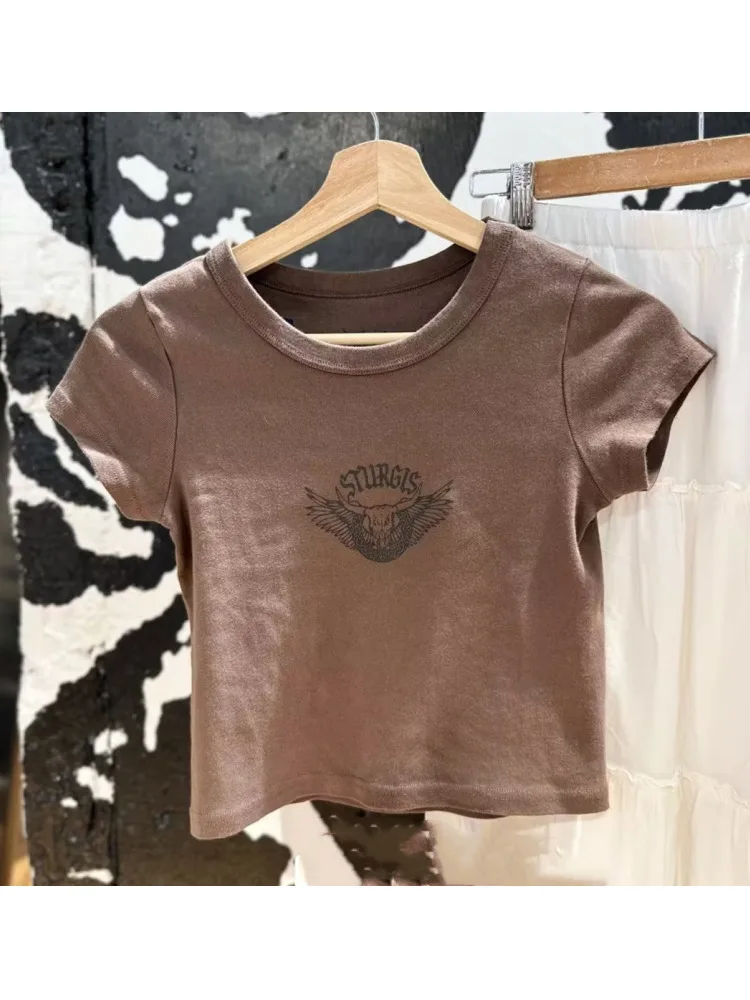 Casual Women Soft Cotton Brown Letter Printed Short Tees 2023 Summer Vintage O Neck Short Sleeves Female Tops Chic