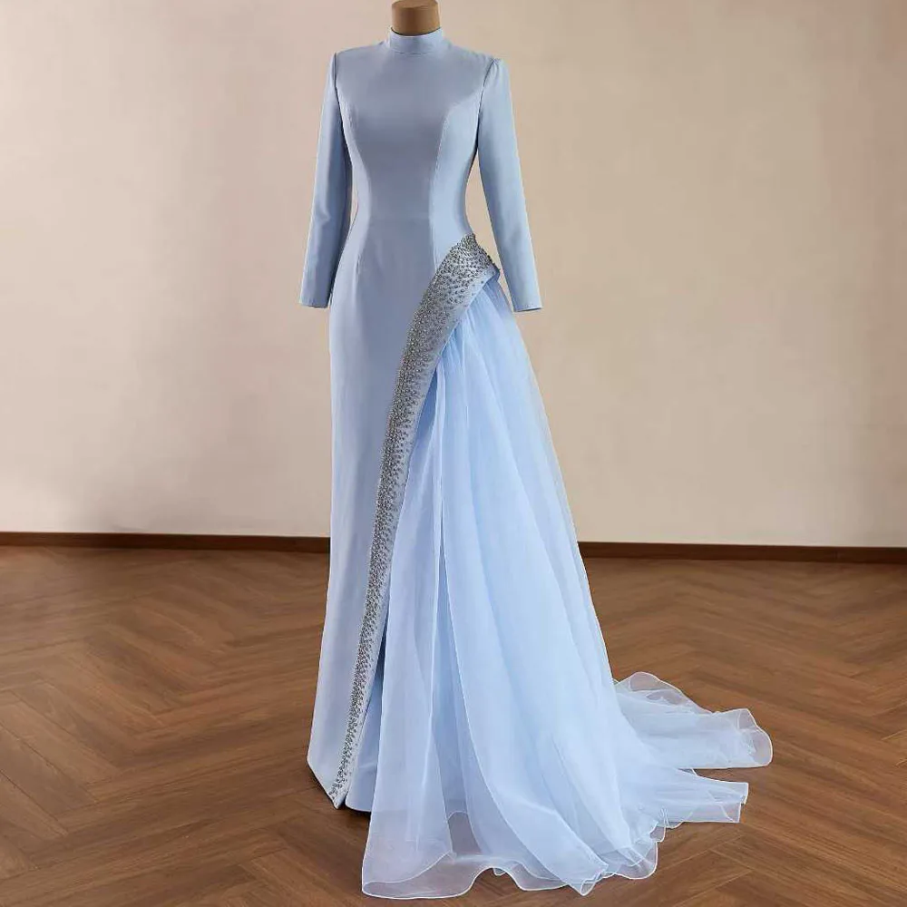 

2026 Light Blue Customizable High Long Sleeves Evening Dress Zipper Crystal Elegant Prom Dress