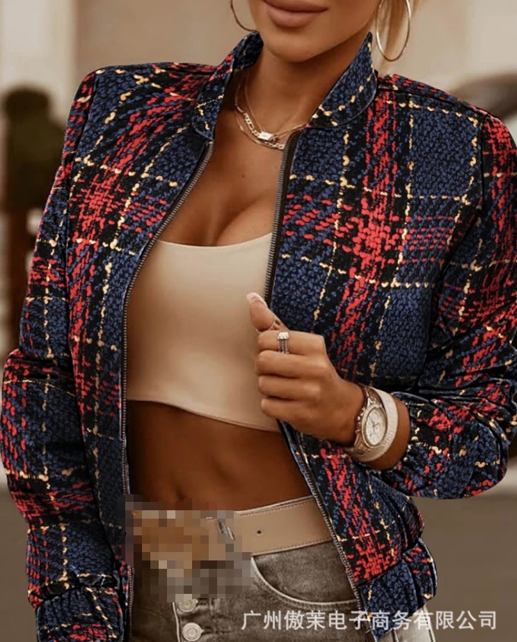 Women's Fashion Coat 2024 Spring Summer Latest Casual Plaid Printed Jacket Academy Style Round Neck Long Slept Open Front Top