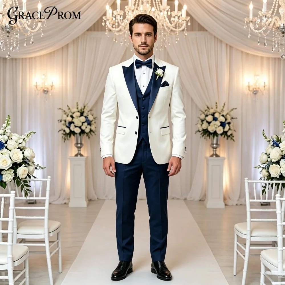 Elegant Contrast 3PCS Mens Tuxedo White Jacket Navy Vest Pants Set Notched Groom Suit For Wedding Prom Formal Event Customized