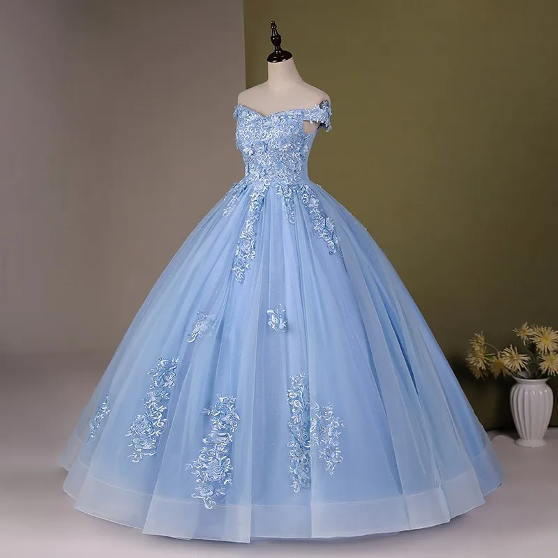 2024 Blue 15 Quinceanera Dress Off The Shoulder Appliques Quinceanera Dresses Sleeveless Ball Gown Party Prom Dress Customized