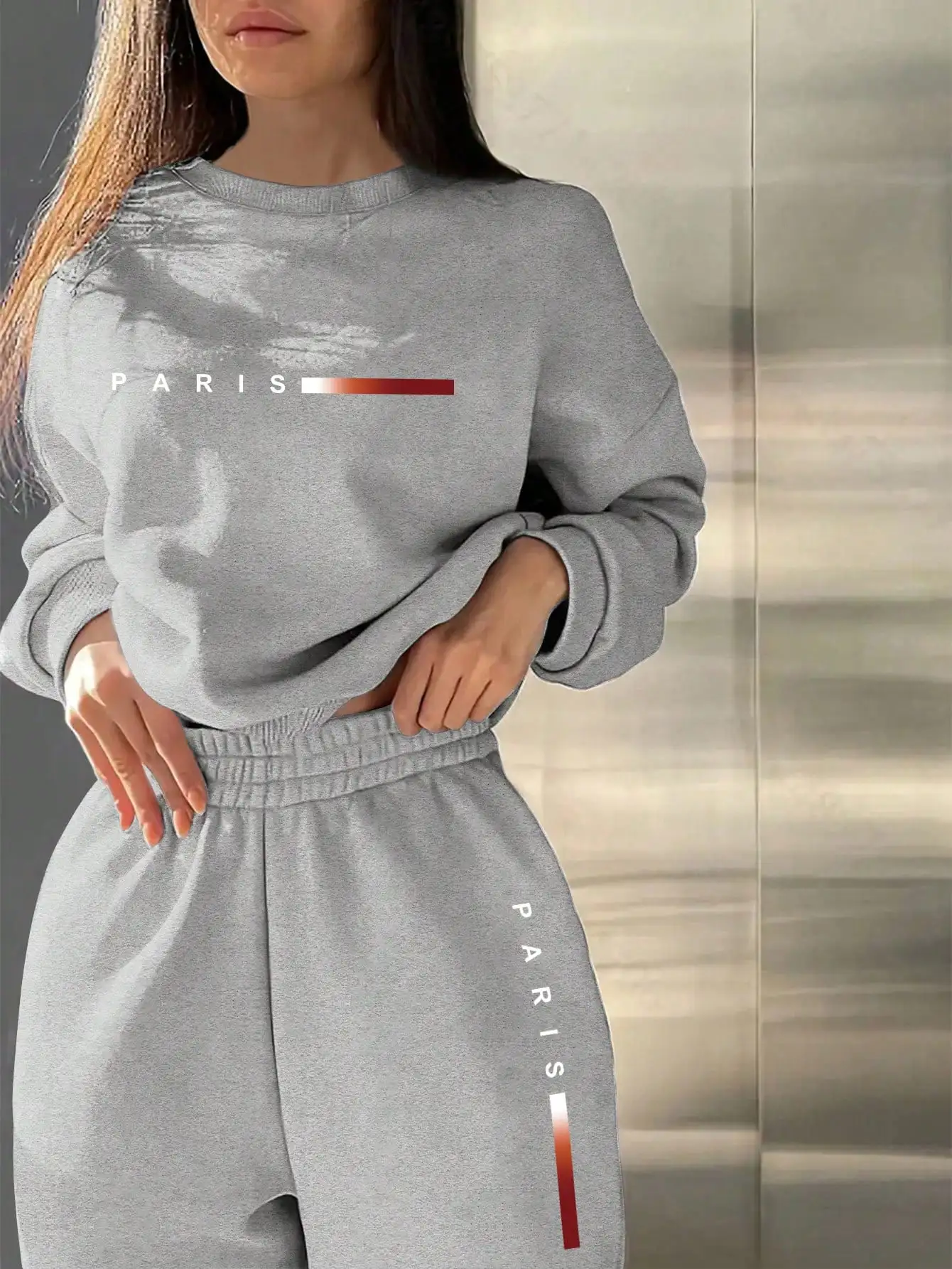 파리 프린트 여성용 플리스 매칭 세트 - 가을용 캐주얼 스트리트웨어 스웨트셔츠 & 조거 팬츠