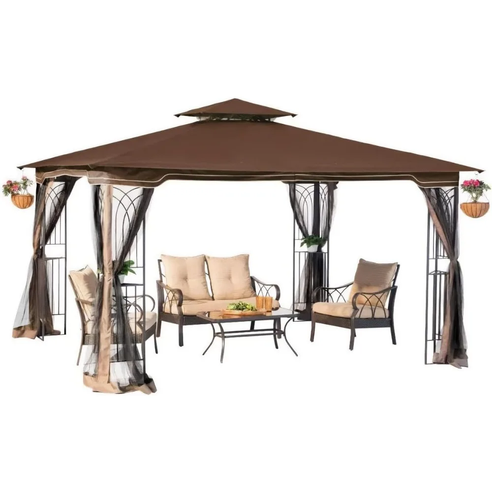 

Sunjoy Regency 10x12 Gazebo with Mosquito Netting, Plant Rings, Corner Shelves, Ground Stakes and Center Hook