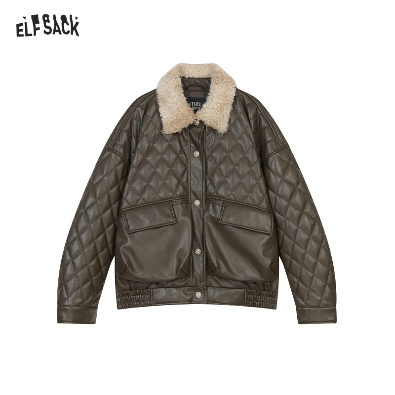 ELFSACK 2024 Winter New Arrivals Diamond checkered imitation plush lapel short PU jacket for women