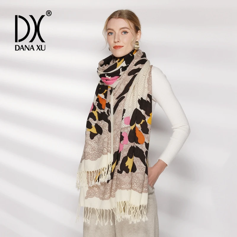 DANA XU 100% Wool Oversized Scarf for Women 245×110cm Floral Print Winter Warm and Soft Shawl Large Pashmina Wrap with Tassels