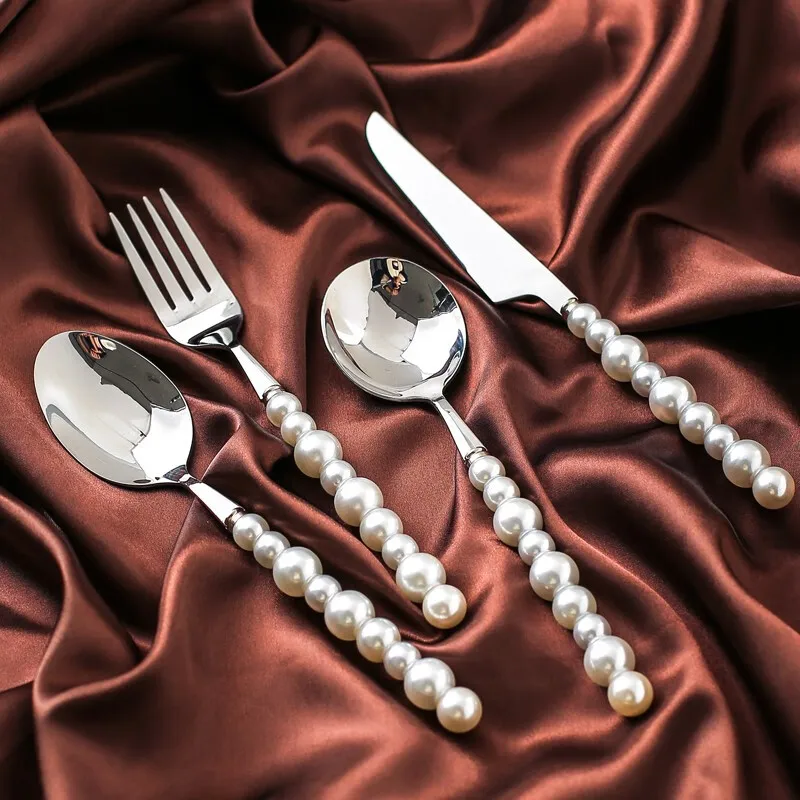 1/3/4Pcs Luxury Pearl Cutlery Set Stainless Steel Tableware Imitation Pearl Knife,Fork and Spoon Creativity Wedding Gift