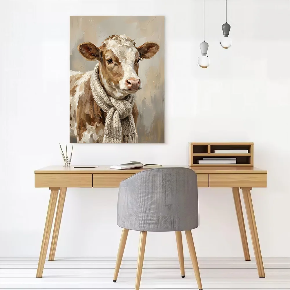 Cow With Scarf Painting Canvas Poster Wall Art Customizable High Quality Printed Picture for Decor Living Room Decoration Mural