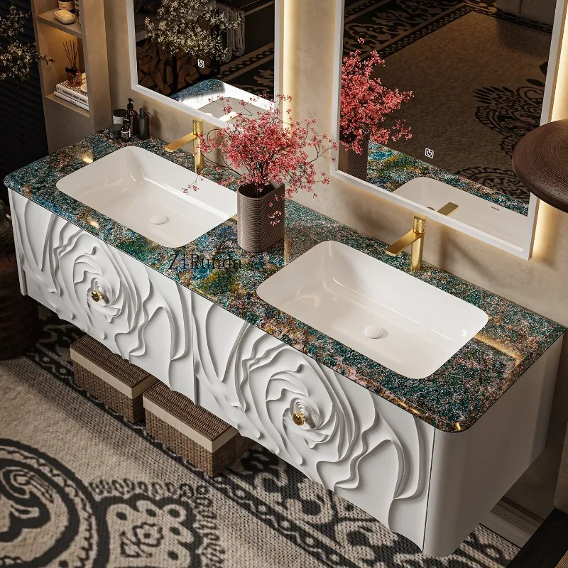 Double basin oak French floor-to-ceiling retro bathroom cabinet combination hand wash cabinet customization view 3