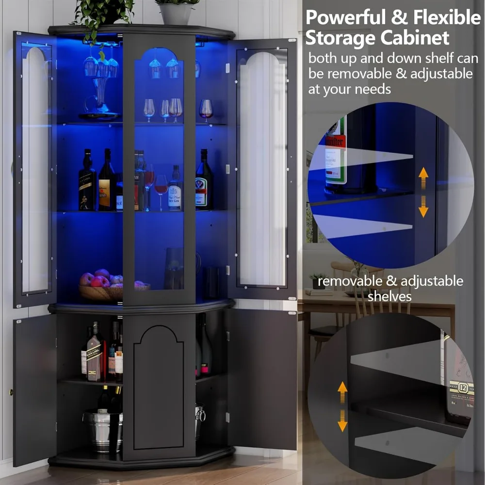 Gabinete de barra de esquina con luces LED, gabinete de vino moderno alto con puerta de vidrio templado y estantes ajustables, licor de bar en casa