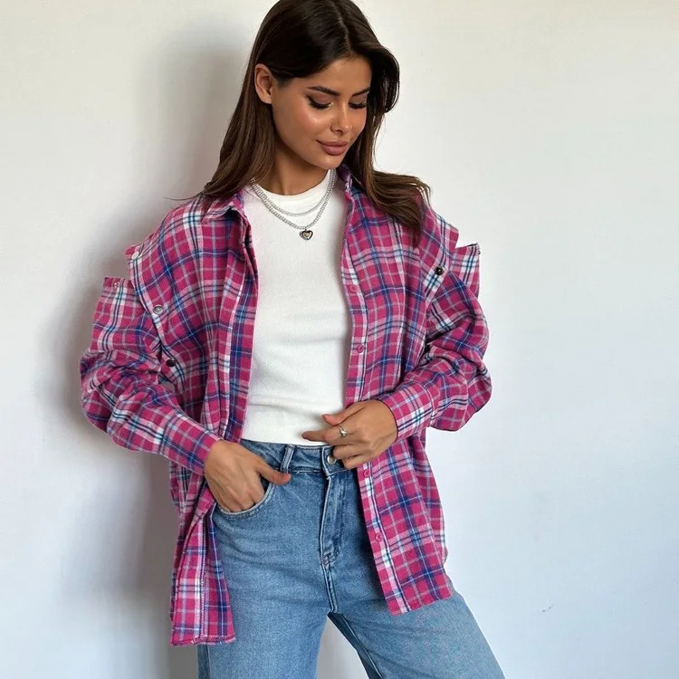 

Spring Autumn New Harajuku Plaid Detachable Long Sleeve Shirt Women BF OVERSIZE Loose Turn-Down Collar Blouse Outerwear