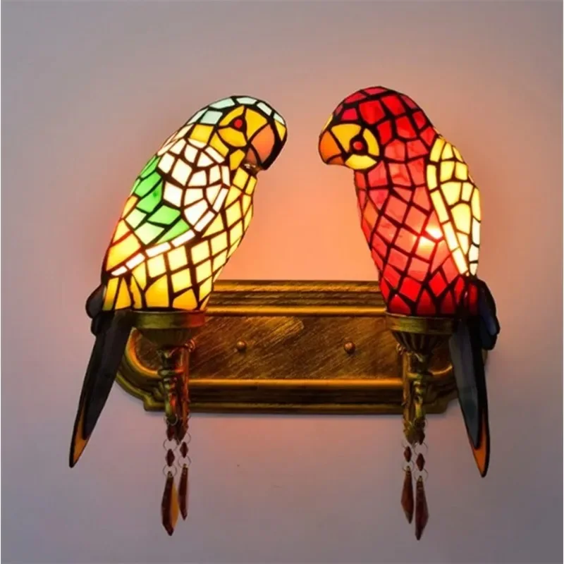 American Countryside Living Room Bar Villa Multi Head Glass Lamp Colorful Glass Retro Parrot Pendant
