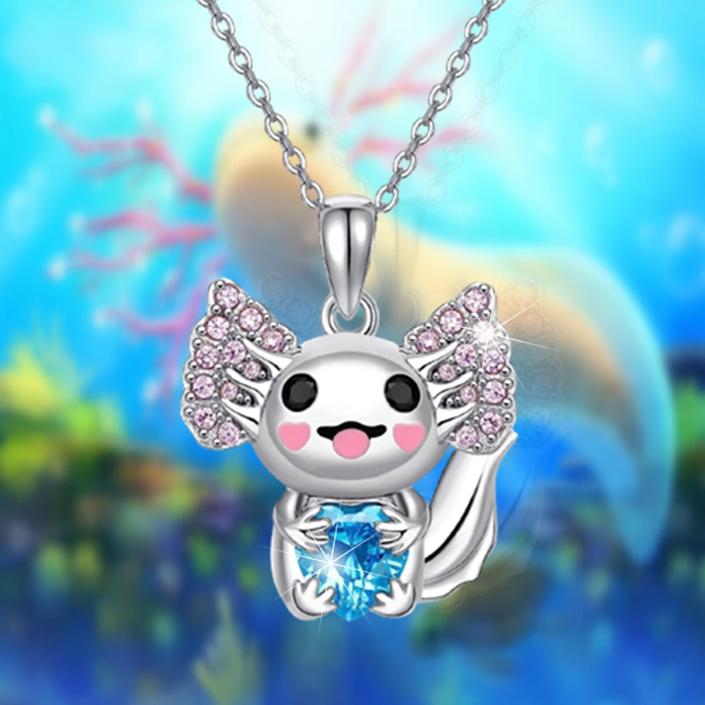 Purple Cute Axolotl Zircon Cartoon Pendant Necklace Lady's Fashion Animal Jewelry Necklace Luxury Personality Love Party Gift image 5