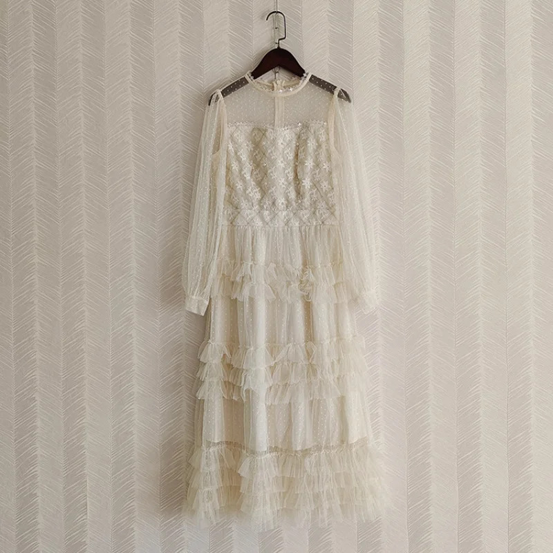 

Round Neck Sheer Long Sleeve Heavy Sequin Beaded Waist-Cinching Mesh Flared Princess Dress2025Spring New