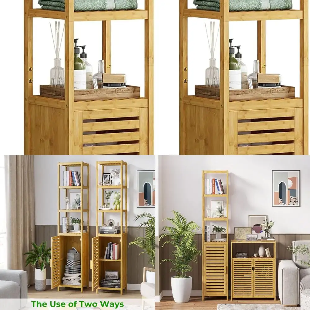

Natural Bamboo Tall Slim Cabinet with 3-Tier Shelves, Freestanding Linen Tower for Home Storage