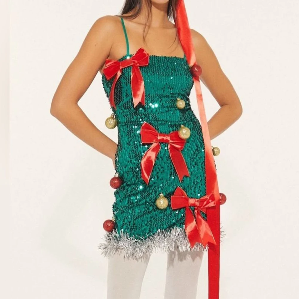 

Женское рождественское платье с блестками, мини-платье на бретельках, костюмы для косплея для вечеринки, клуба, сцены, фестиваля, праздничные костюмы
