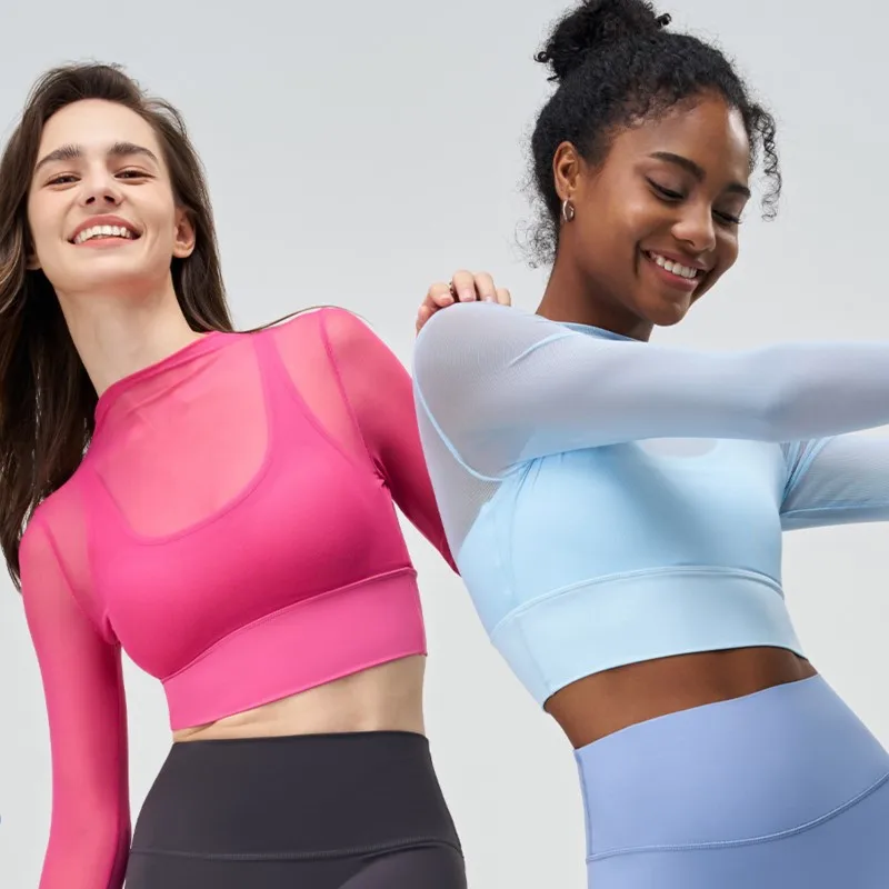 2024 Vrouwen Met Hoge Elasticiteit Joggen Woon-Werkverkeer Sportschool Nep Twee Stukken Quakeproof Mesh Vesten Yoga Fitness Sneldrogende Tops Met Lange Mouwen