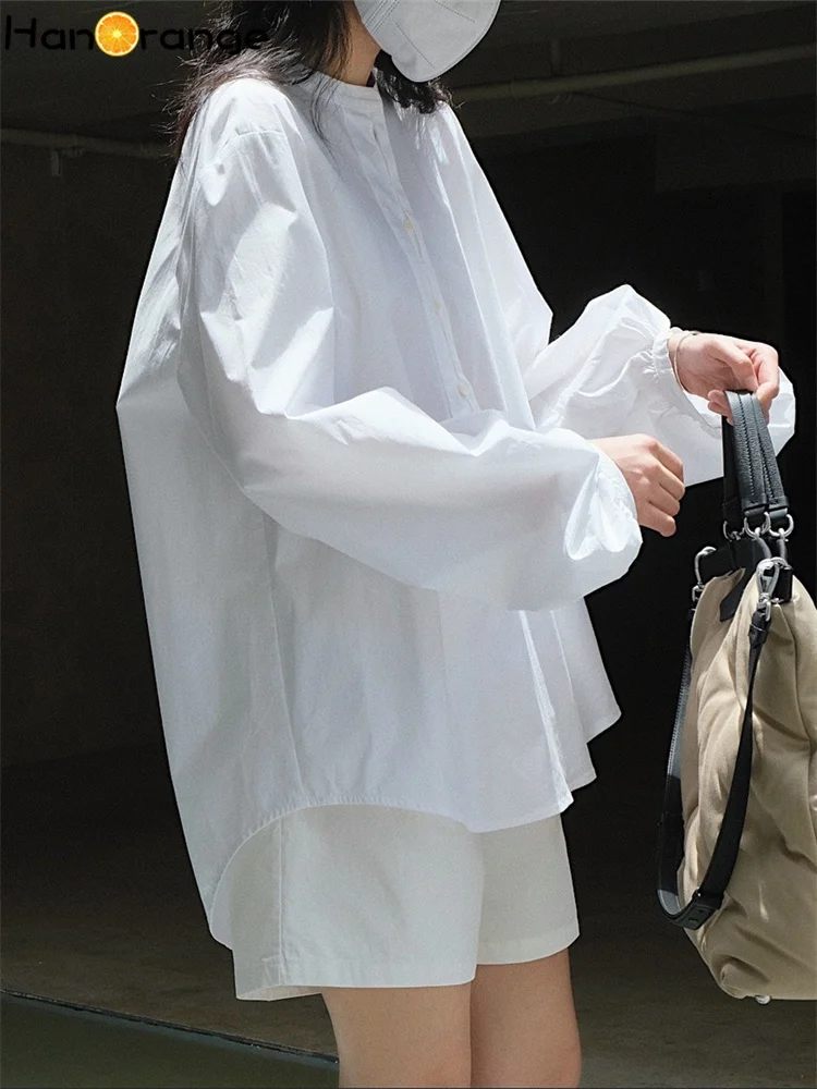 

HanOrange 2024 Spring Casual Air Feeling Blouse Women Profile O-Neck Loose Lantern Sleeve Top Female White