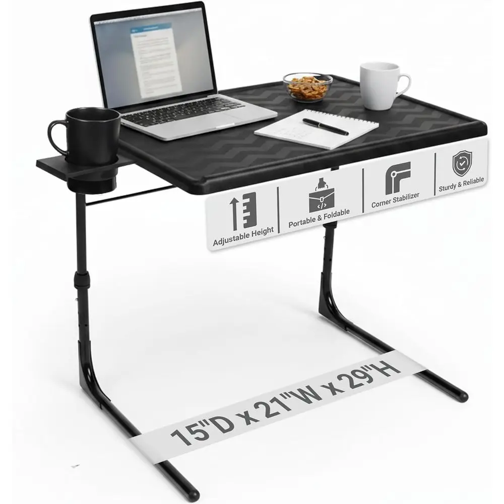 

Folding TV Tray Table | Adjustable Desk with Cup Holder, Portable Laptop Stand, Couch Snack Table for Eating and Laptop Use
