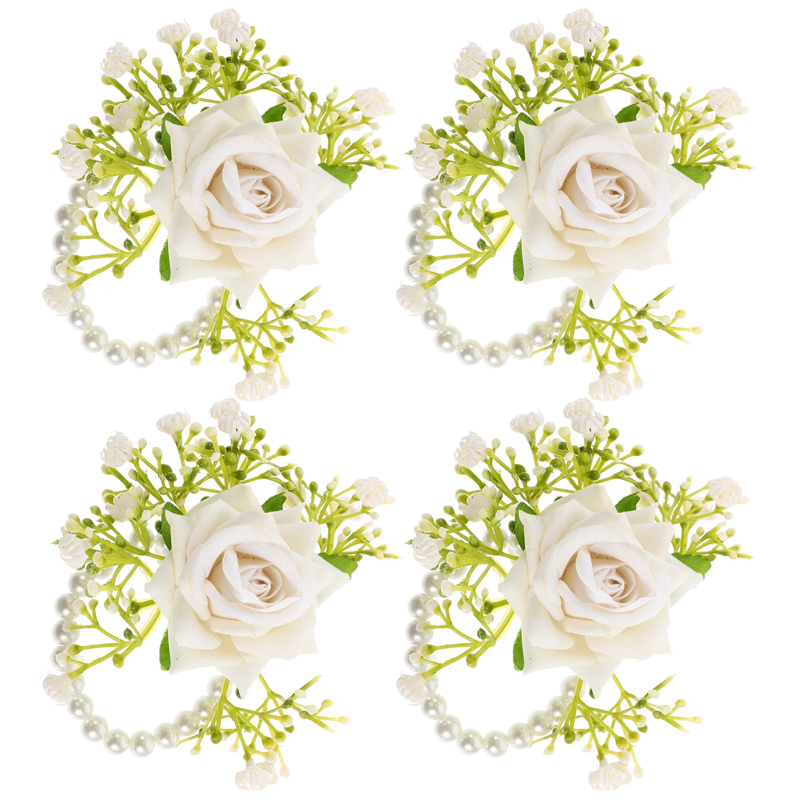 

4Pcs Wrist Corsage Artificial Flowers Bridal Shower Prom Banquet Pearl Decor Bracelets White Elegant Design Adjustable Size