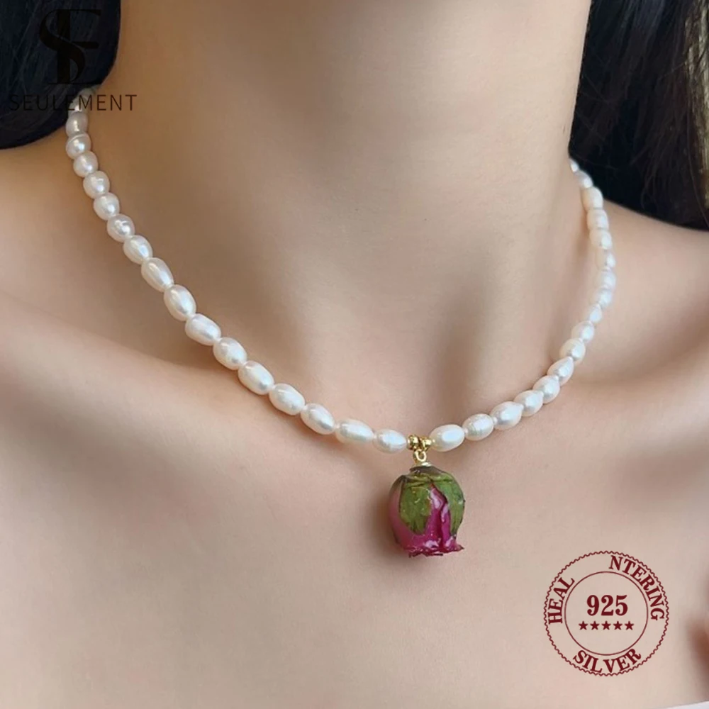 

Seulement Natural Freshwater Pearl Necklace for Women Real Rose Eternal Flower Pendant Necklaces Classics Jewelry Accessories