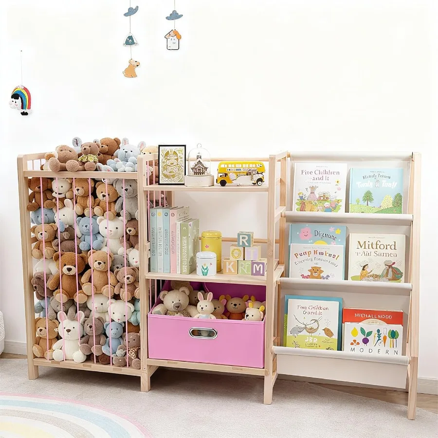 

Bookshelf and Toy Storage 3 Tier Toddler Bookcase with Movable Drawer 3 Display Sling Pockets 31.5" H Wood Montessori Book Shel