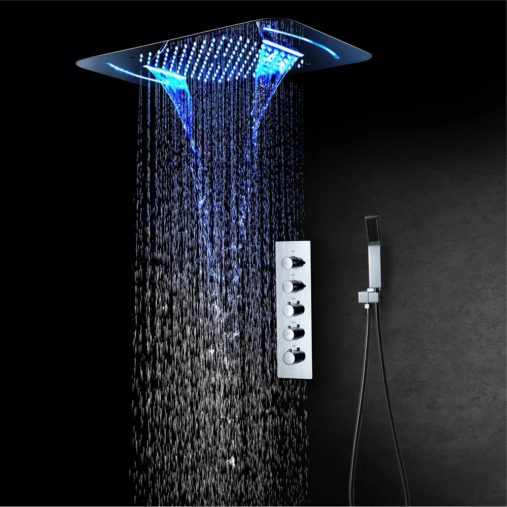 Bathroom Shower Set Chrome LED Thermostatic Rainfall Faucet  Wall Mounted  Ceiling Mixer Color Change  Head