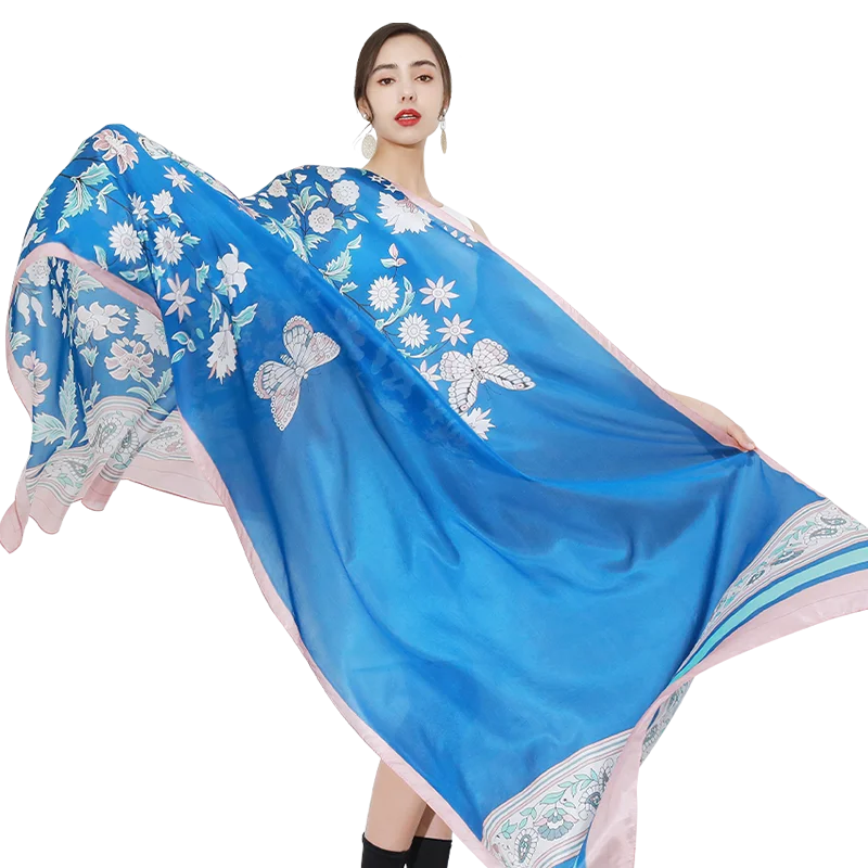 Novo azul de seda de luxo marca bandana cachecol feminino moda designer xales hijab foulard femme pashmina 2022