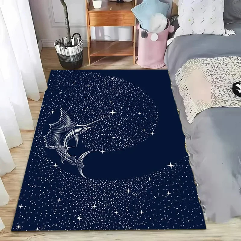 Navy Blue Starry Whale Print Area Rug Non-slip Floor Mat Ocean Animal Pattern Carpet Home Decoration for Bedroom Living Room