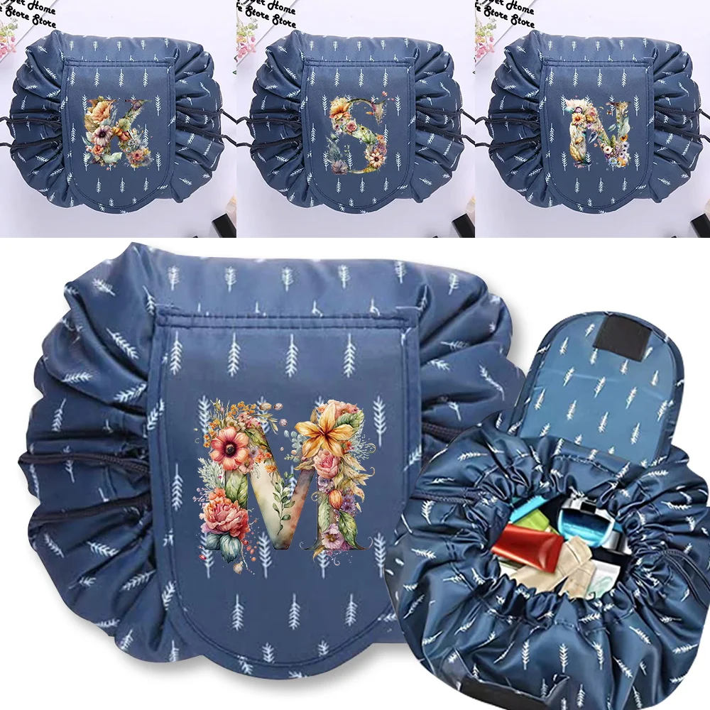 Women Drawstring Cosmetic Bag Makeup Pouch Portable Toiletries Organizer Bear Floral Letter Serise Travel Cosmetic Pouch