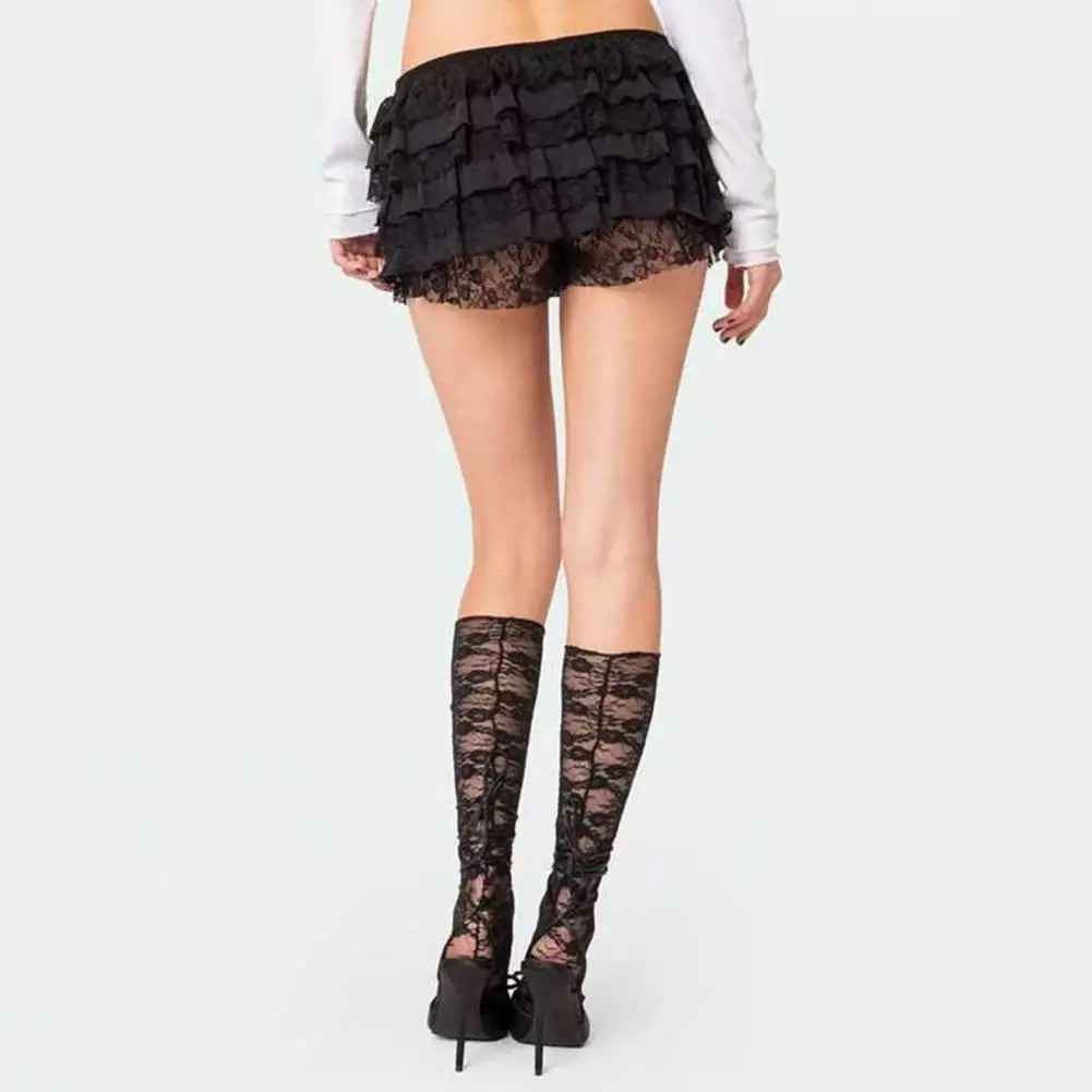 Women High-waisted Bloomers Lolita Style High Waist Beach Shorts with Ruffle Lace Trim Multi-layered Scattered Hem for Daily