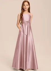 YZYmanualroom Satin Junior Bridesmaid Dress Flower Girl Dress With Bow A-line Square Floor-Length 2-15T