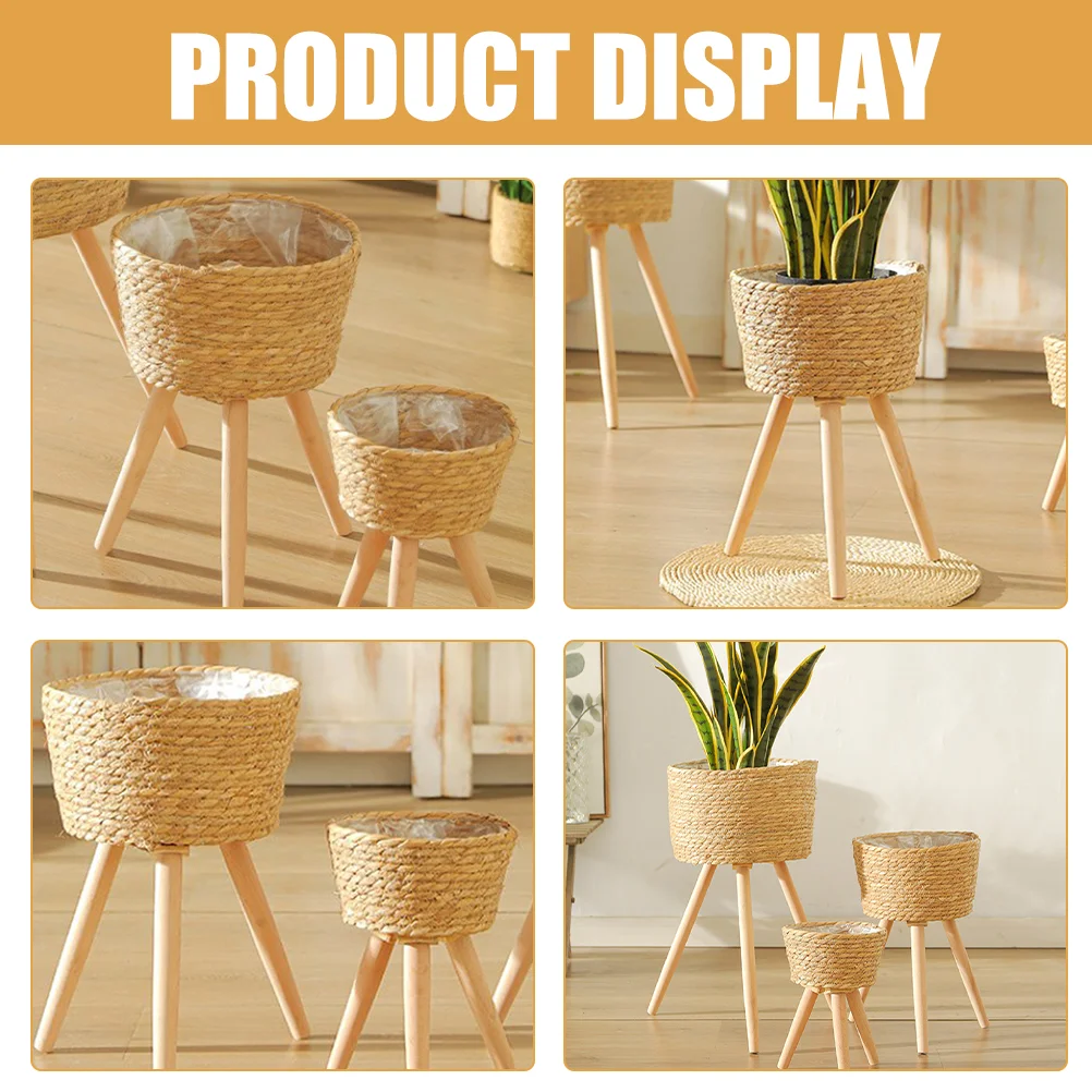 Wood Woven Plant Pot on Standing Legs Household Planter Pot Basket Wood Plants Weaving Flowerpot Storage Basket