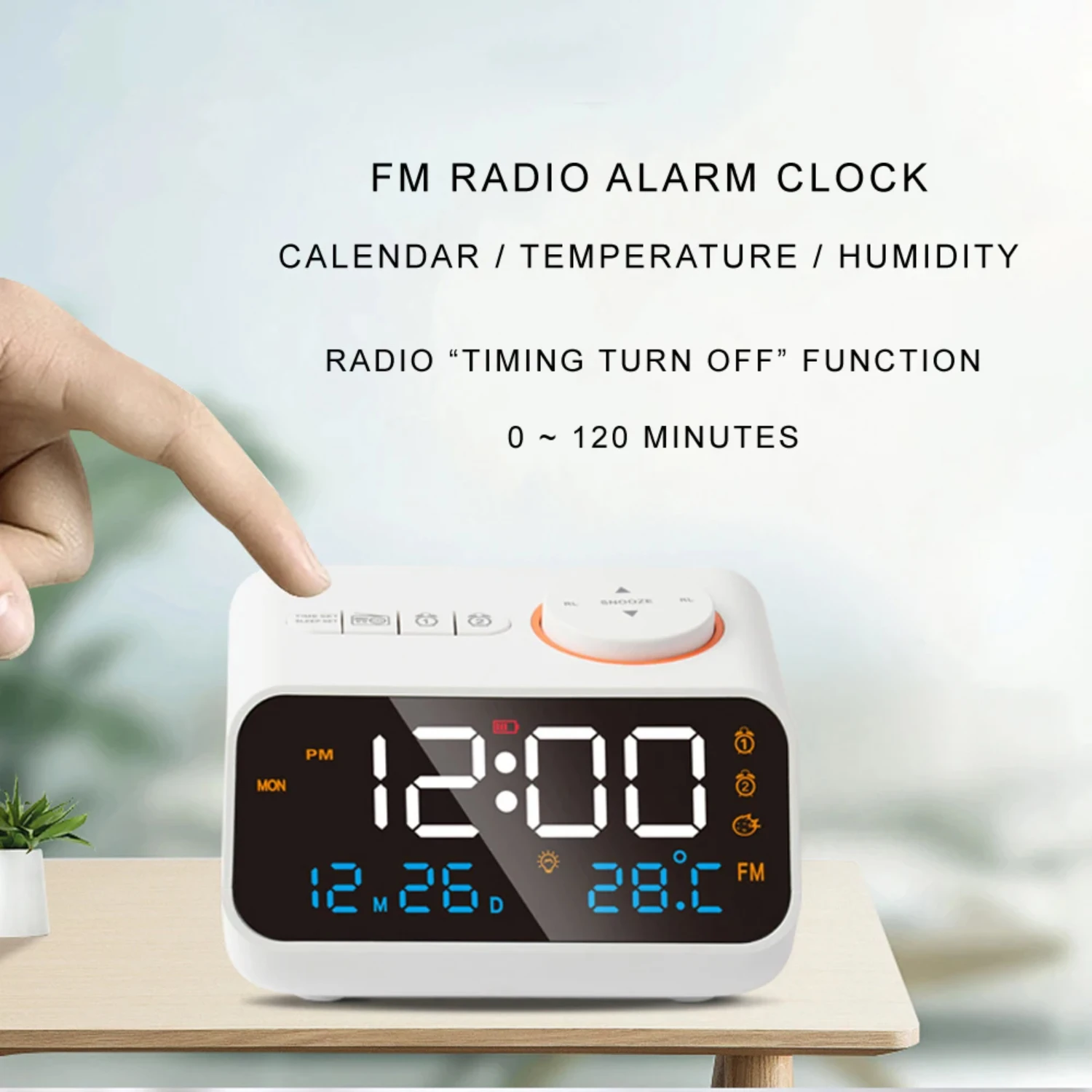 

Mordern FM Radio Alarm Clock Bedside Wake . Digital Table Calendar with Temperature Thermometer Humidity Hygrometer.