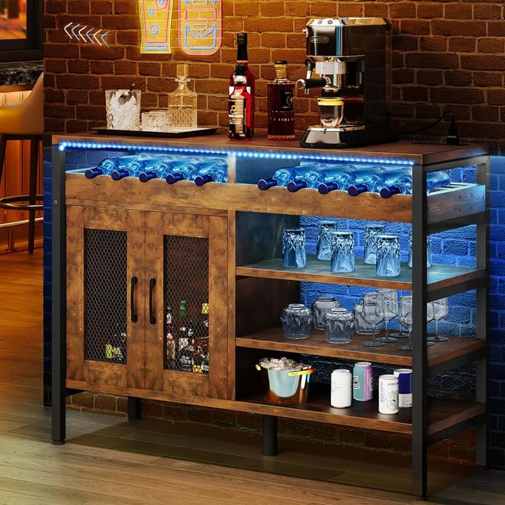 

55" Industrial Coffee Bar Cabinet with Led Lights and Power Outlets, Liquor Cabinet w/Doors Wine Rack Storage Sideboard