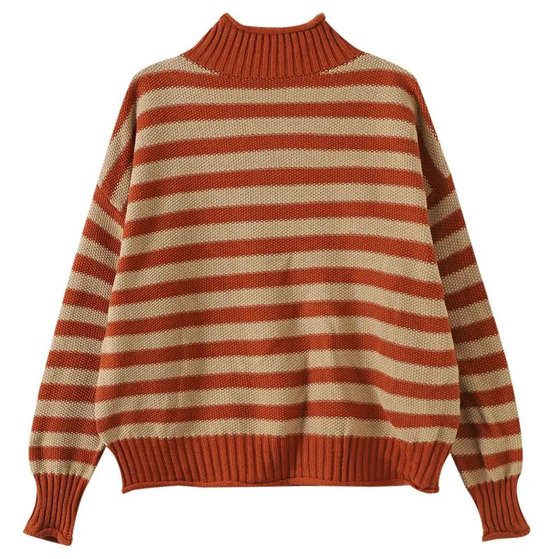 Fashion Stand Collar Spliced Casual Striped Sweaters Women\'s Clothing 2023 Winter Loose Knitted Commuter Pullovers Korean Tops