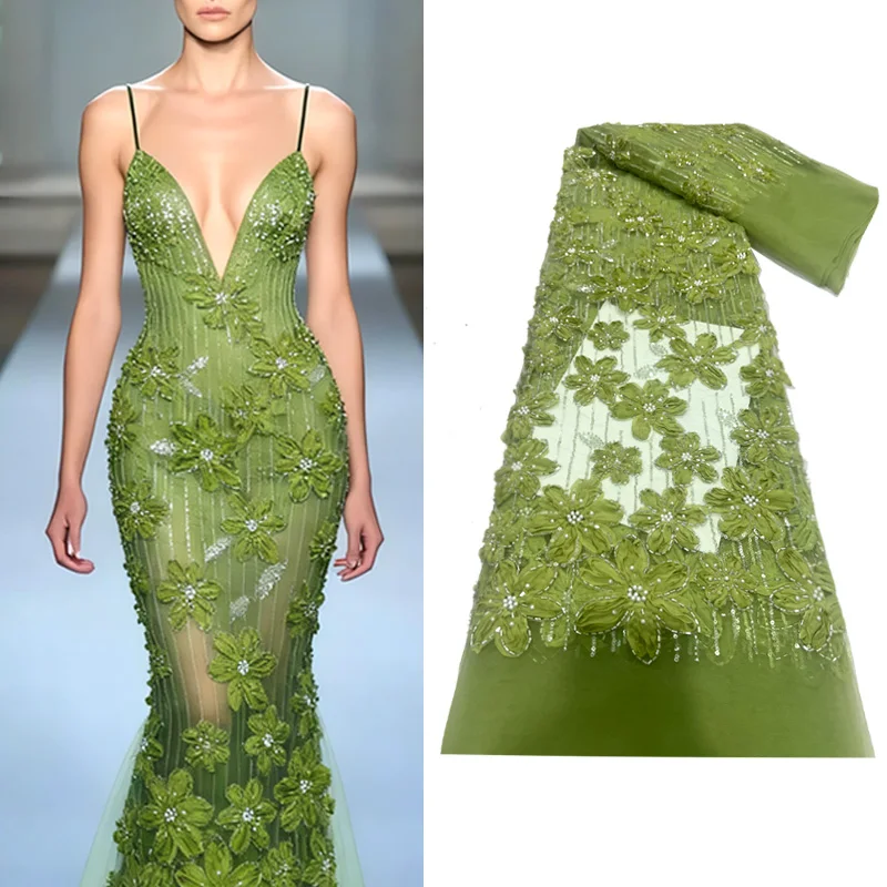 Tela de encaje de malla bordada 3D hecha a mano africana, tela de encaje con cuentas de lentejuelas francesas 2025, vestido nigeriano, vestido de boda para mujer